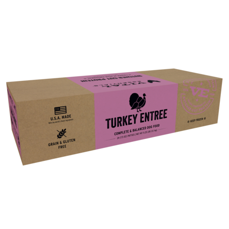 Vital Essentials Turkey Entrée dog food in a long brown box with a purple label.