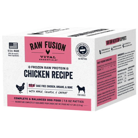 Vital Essentials Raw Fusion Chicken Recipe frozen dog food patties in a white box with a pink label.