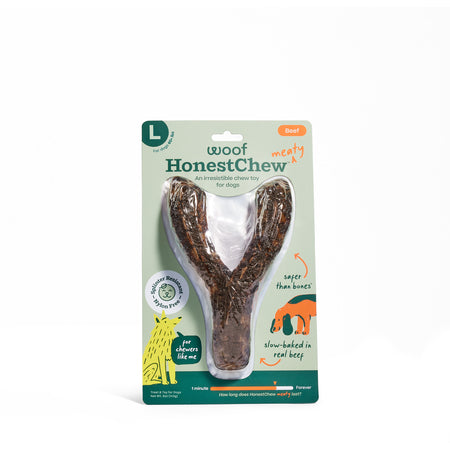 Honest Chew large dog chew toy packaging with beef flavor on a light green background