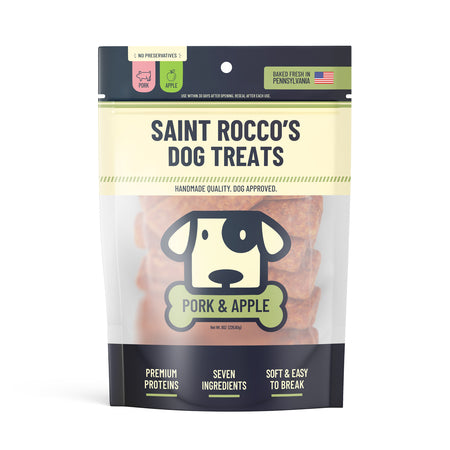 Saint Rocco's Dog Treats packaging with a dog illustration on a white background