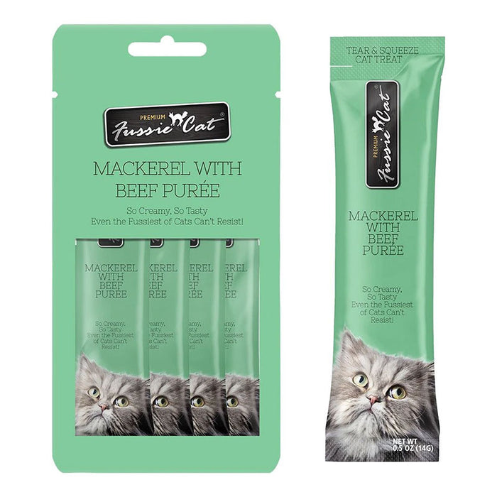 Fussie Cat Mackerel with Beef Puree cat treats, green 4-pack with an individual tube beside it.