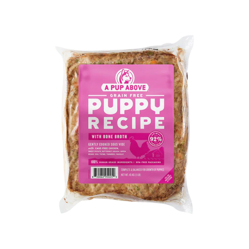 Package of A Pup Above Puppy Recipe with Bone Broth on a white background