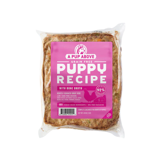 Package of A Pup Above Puppy Recipe with Bone Broth on a white background