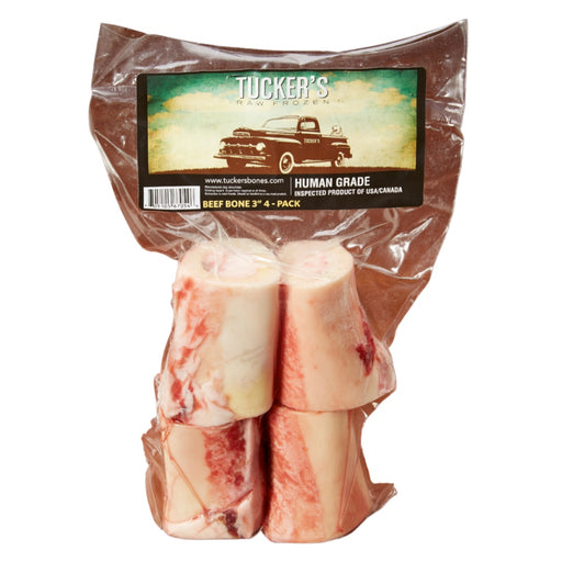 A package of four Tucker's Bone Co. beef bone 3-in-1 sticks in a clear plastic bag with a brown label, shown on a white background.