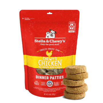 Stella & Chewy's Chewy's Chicken Dinner Patties packaging with a stack of patties on a white background