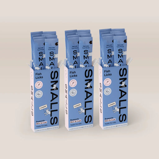 Three blue boxes of Smalls Fish Licks Tuna Recipe lickable cat treats, with individual treat sticks visible above each box. 