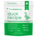 A stand-up pouch of Small Batch Dog 'Duck Recipe' freeze-dried raw sliders for dogs, featuring a green and white design with a green duck illustration and product details.