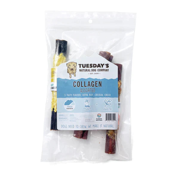Tuesday's Natural Dog Company 6" Collagen Sticks Variety Pack (3 Pcs) with Beef, Chicken and Cheese