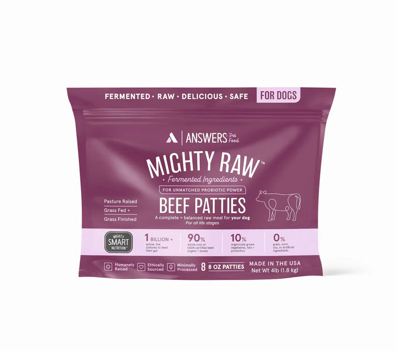 ANSWERS DETAILED  MIGHTY RAW BEEF PATTIES 4 LB