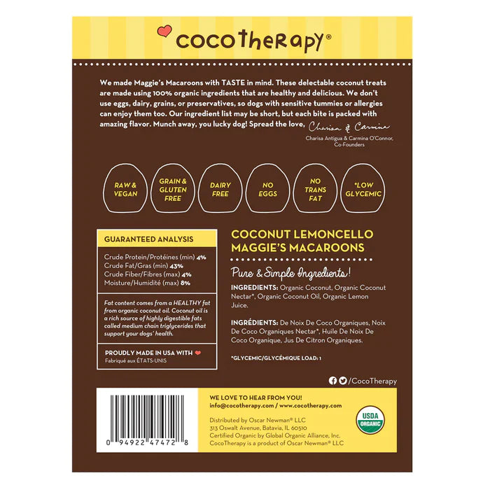 CocoTherapy Maggie's Macaroons Coconut Lemoncello - Organic Coconut Treat for dogs
