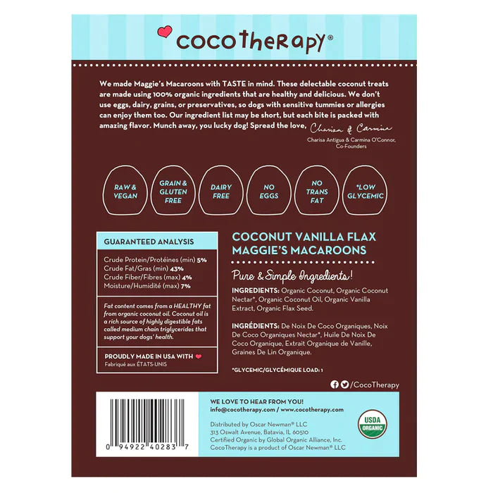 CocoTherapy Maggie's Macaroons Coconut Vanilla Flax - Organic Coconut Treat for dogs