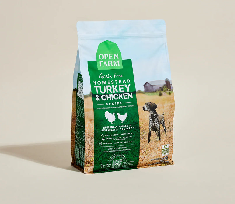 Open Farm Grain-Free Homestead Turkey & Chicken dry dog food bag, angled front view.