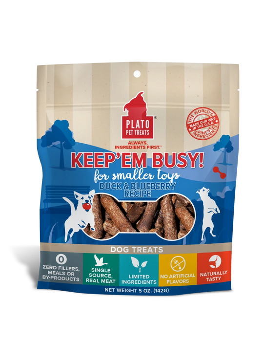 Plato Pet Treats KeepEm Busy Duck & Blueberry Meat Sticks for Smaller Toys