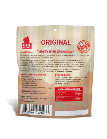Plato Pet Treats Real Strips Turkey With Cranberry Meat Bar Dog Treats