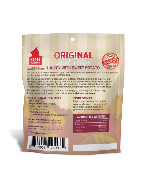 Plato Pet Treats Real Strips Turkey With Sweet Potato Meat Bar Dog Treats