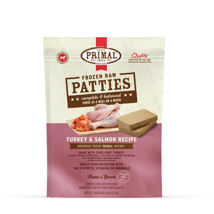 Primal Frozen Raw Turkey & Salmon Patties for dogs, front of the 6 lb bag. ⠋