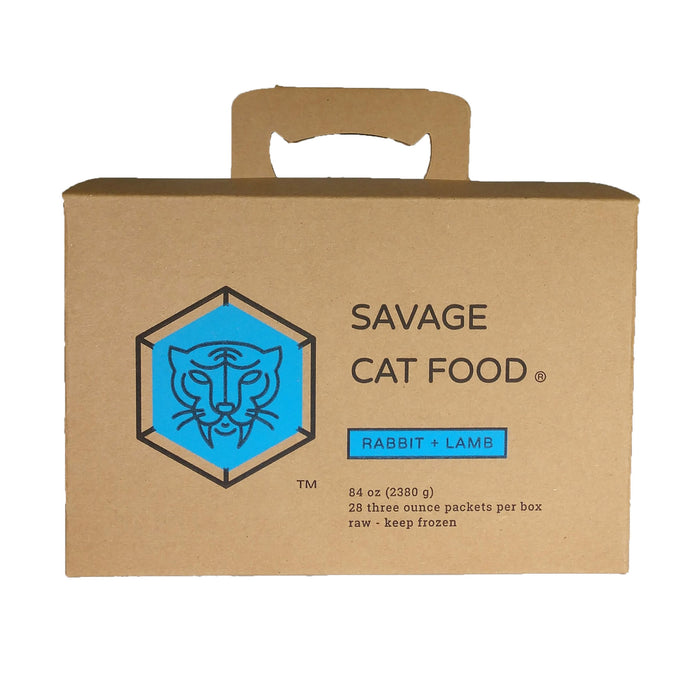 Cardboard box of Savage Cat Food with a blue logo on a white background