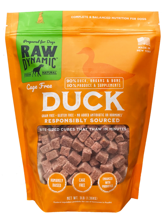 Raw Dynamic Freeze-Dried Duck Dog Food, front of the package.