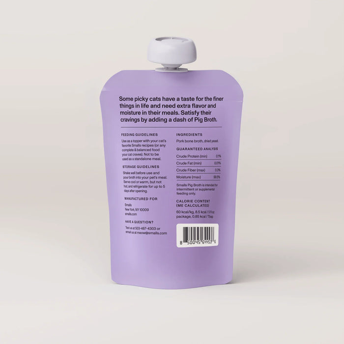 Back of Smalls Pig Broth for Cats pouch showing ingredients, guaranteed analysis, feeding and storage guidelines
