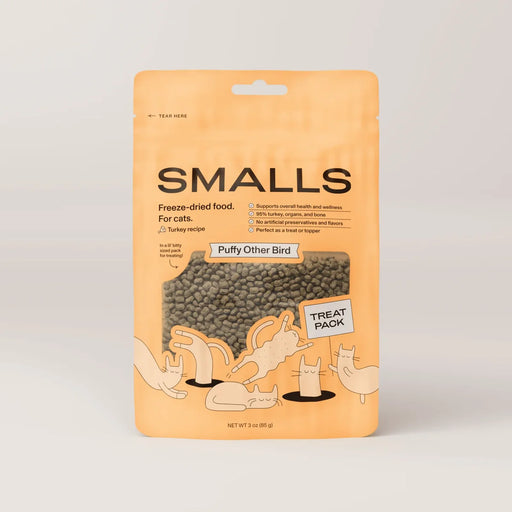 Smalls Puffy Other Bird freeze-dried cat food, front of the 3 oz bag on a white background.
