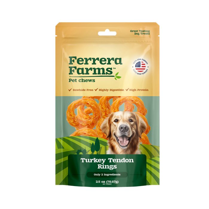 Ferrera Farms Turkey Tendon Rings 2.5 oz dog chew pouch with turkey tendon rings and a golden retriever pictured on the front.