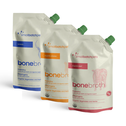 Three packages of smallbatchpets bone broth on a white background