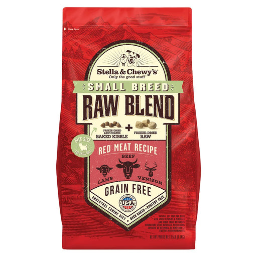 Stella & Chewy’s Small Breed Raw Blend Red Meat Recipe dog food, 3.5 lb red bag featuring beef, lamb and venison.