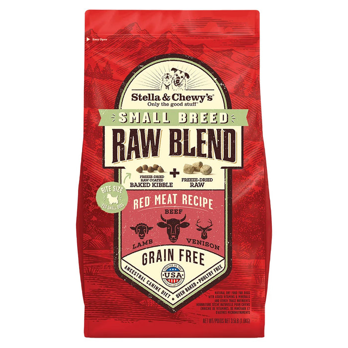 Stella & Chewy’s Small Breed Raw Blend Red Meat Recipe dog food, 3.5 lb red bag featuring beef, lamb and venison.