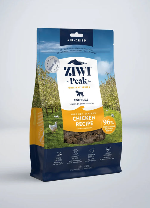 ZIWI Peak Original Series Chicken Recipe air-dried dog food, 1 lb (454 g) blue pouch with a window showing the food pieces.
