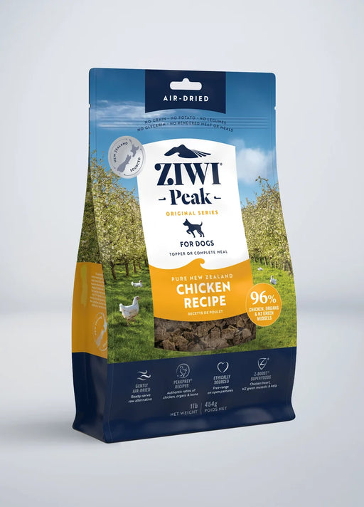 ZIWI Peak Original Series Chicken Recipe air-dried dog food, 1 lb (454 g) blue pouch with a window showing the food pieces.