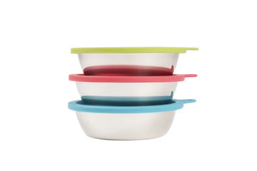 Messy Mutts Three Stainless Steel Dog Bowls and Three Silicone Lids, Extra Large, 6 Cups Per Bowl