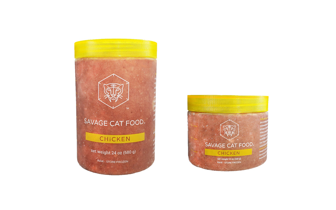 Two containers of Savage Cat Food with a white background