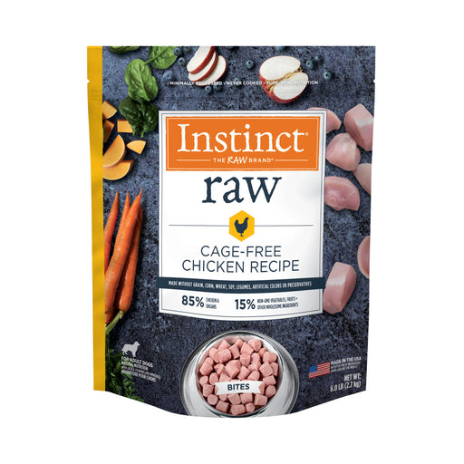 Instinct Raw Cage-Free Chicken Recipe Bites for adult dogs, 6 lb bag with chicken and produce pictured on the packaging.