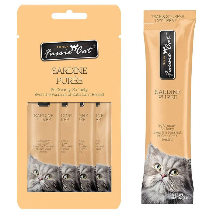 Fussie Cat Sardine Puree cat treats, orange 4-pack with an individual tube beside it.