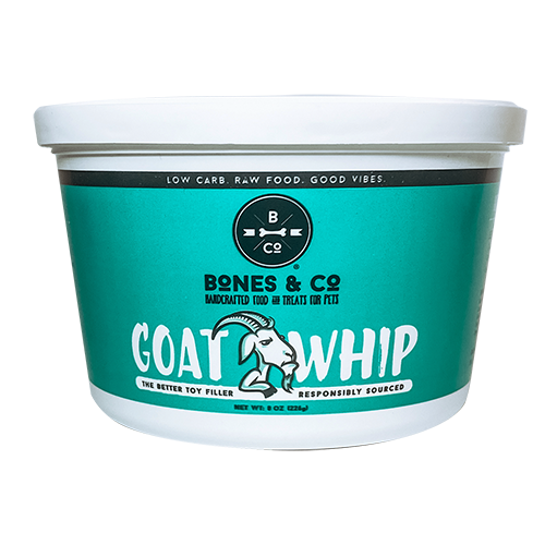 Bones & Co Goat Whip 8 oz tub with a teal label and white lid, a goat milk treat and enrichment toy filler.