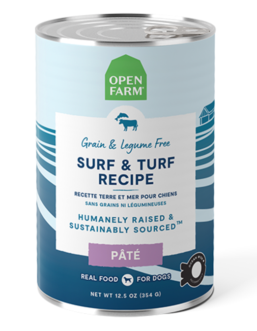 Can of Open Farm Surf & Turf Recipe Páté for dogs on a white background
