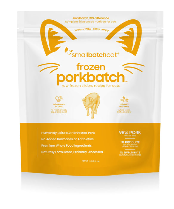 Small batch cat frozen porkbatch product packaging with brand logo and text.