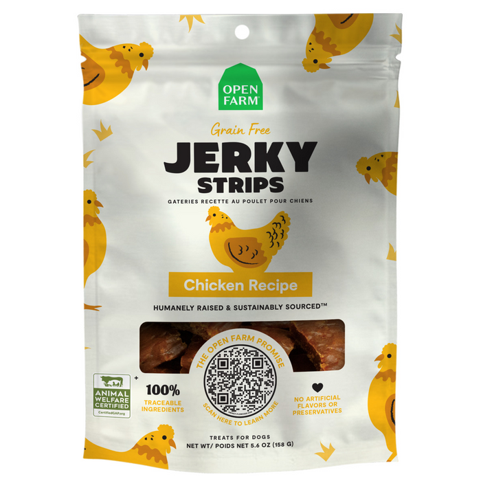 Package of Open Farm Jerky Strips Chicken Recipe on a white background