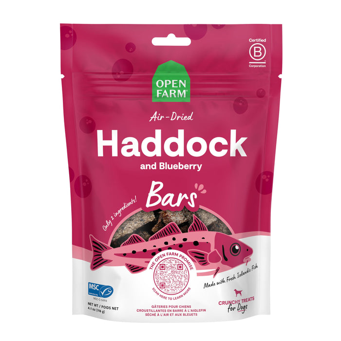OPEN FARM DOG TREAT AIR DRIED HADDOCK & BLUEBERRY BARS 4.1 OZ