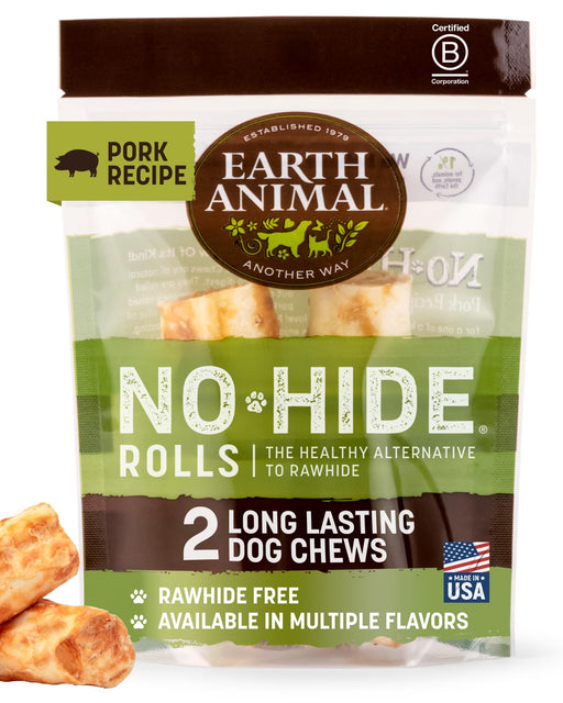 Earth Animal No-Hide Rolls dog chews packaging on a white background