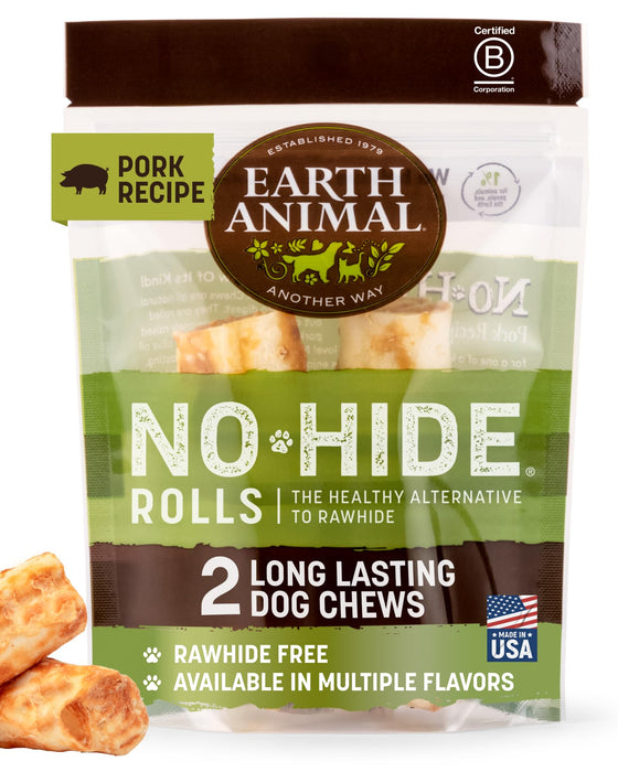 Earth Animal No-Hide Rolls dog chews packaging on a white background