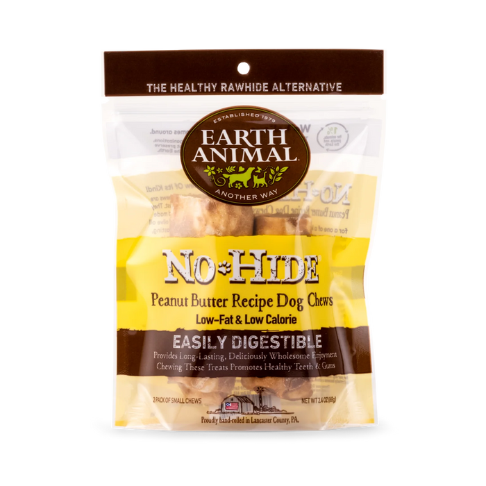 Package of Earth Animal No-Hide Peanut Butter Recipe Dog Chews on a white background