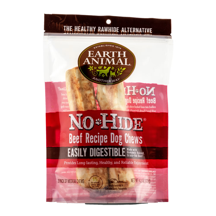 Package of Earth Animal No-Hide Beef Recipe Dog Chews on a white background