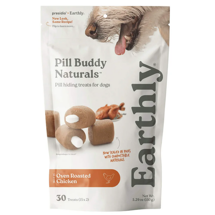 Package of Earthly Pill Buddy Naturals pill hiding treats for dogs on a white background