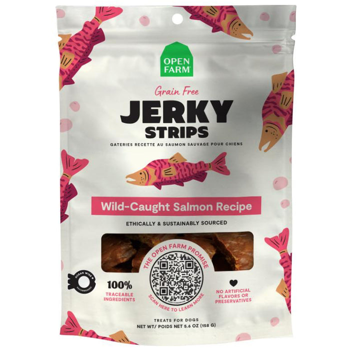 Package of Open Farm Jerky Strips with wild-caught salmon recipe on a white background