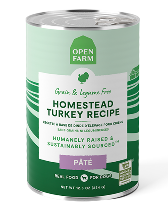 Can of Open Farm Homestead Turkey Recipe Páté on a white background
