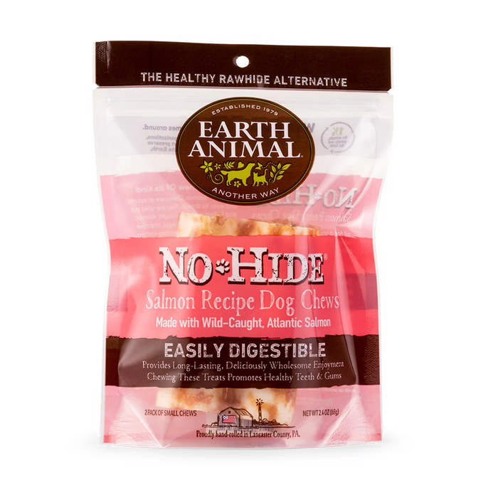 Package of Earth Animal No-Hide Salmon Recipe Dog Chews on a white background