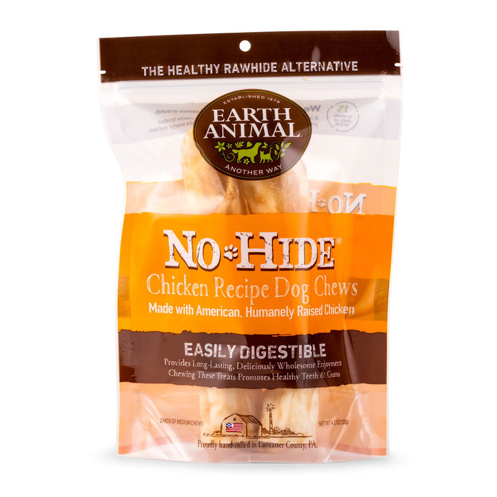 Package of Earth Animal No-Hide Chicken Recipe Dog Chews on a white background