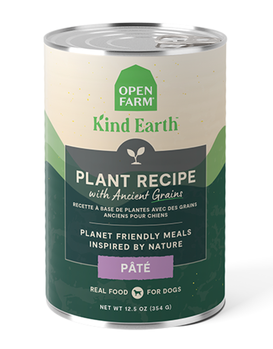 Can of Open Farm Kind Earth Plant Recipe with Ancient Grains on a white background