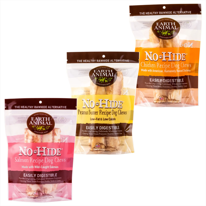 Four packages of Earth Animal No-Hide dog chews in different flavors on a white background.